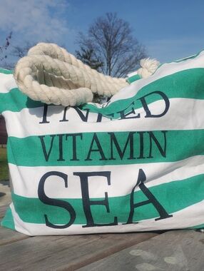 Nautical Striped Canvas Beach Tote Bag Rope Handles "Need Vitamin Sea"